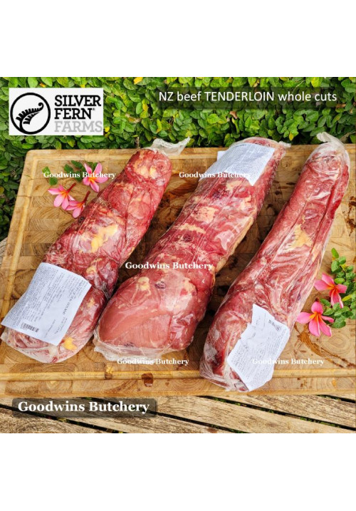 Beef Eye Fillet Mignon Has Dalam TENDERLOIN New Zealand SILVERFERN frozen 5 days aged WHOLE CUTS 1.3-1.8 kg/pc (price/kg)